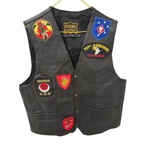 Genuine Leather Vest Size 42 Biker Black With USMC patches